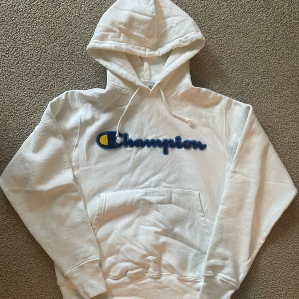 Champion hoodie, adult small, white with raised blue/yellow letters.